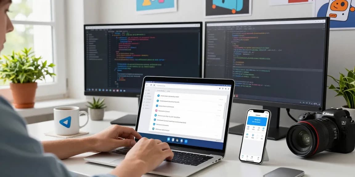 Switching the Telegram Chinese Version in a modern workspace, showing user-friendly interface adjustments and vibrant tech environment.