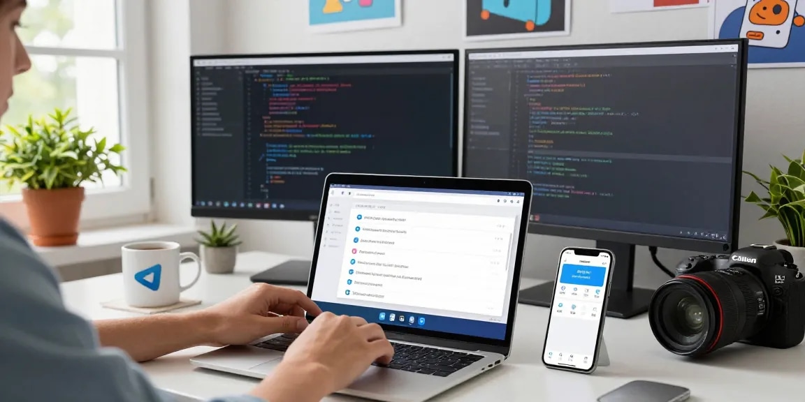 Switching the Telegram Chinese Version in a modern workspace, showing user-friendly interface adjustments and vibrant tech environment.
