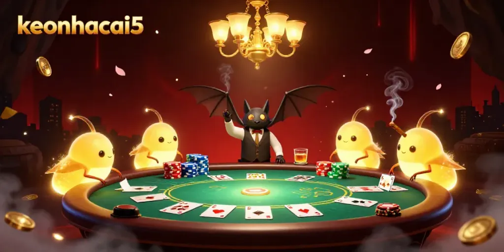 Experience the vibrant keonhacai5 casino scene with glowing glowworms and an upside-down bat dealer in a 3D illustration.