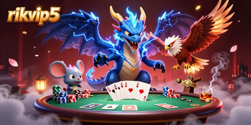 Engage with thrilling poker gameplay at rikvip5 featuring a vibrant dragon and hawk in a dynamic casino scene.