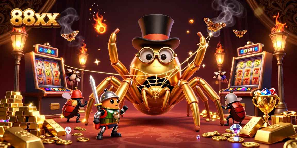 Experience the thrill at 88xx with golden tarantula and beetle knight in a lively casino scene.