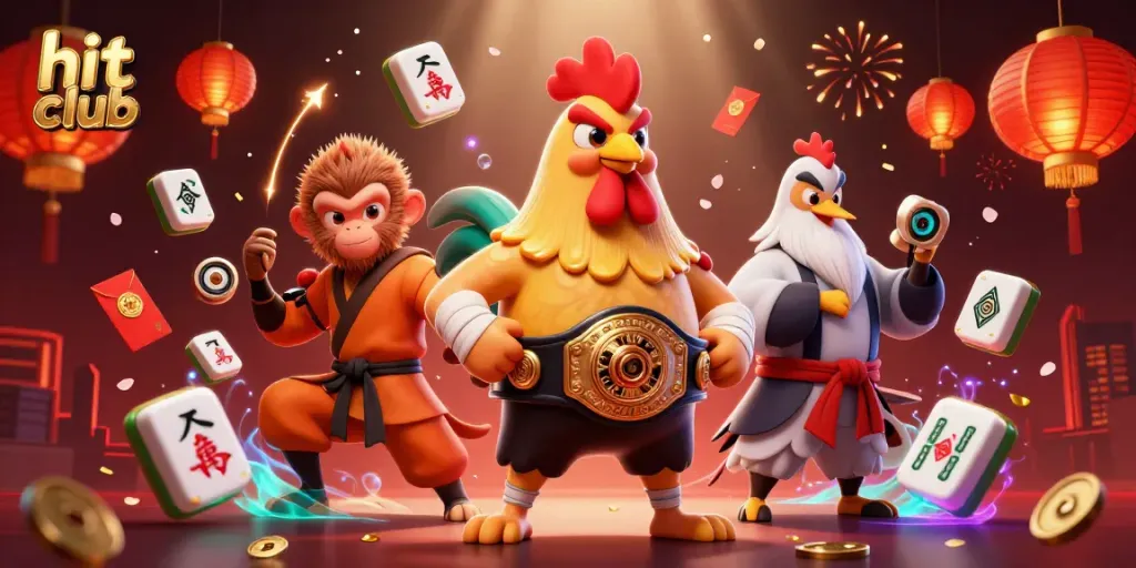 Engage with hit club gaming excitement as vibrant characters celebrate with casino elements.