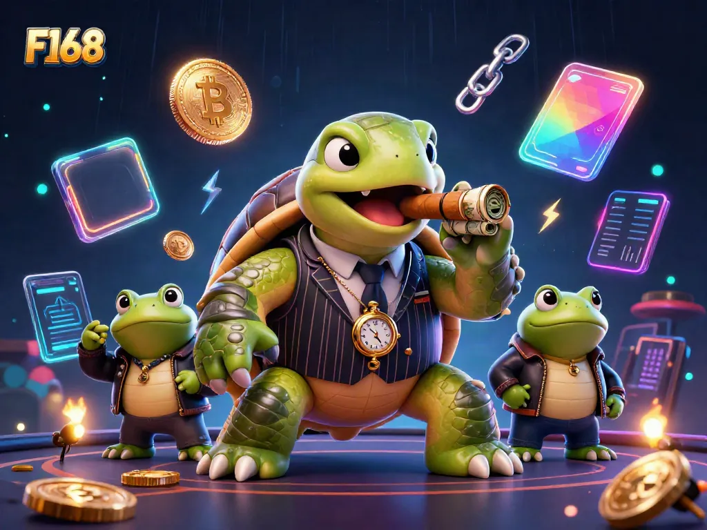 Bet big at F168 with a vibrant casino scene featuring a cartoon turtle mobster and crypto elements.