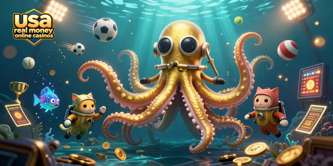 Engage with the thrill of usa real money online casinos in this dynamic underwater scene featuring a colossal kraken and diving cat.