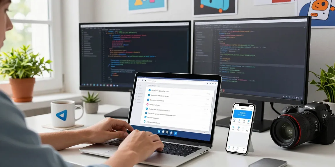 Switching the Telegram Chinese Version in a modern workspace, showing user-friendly interface adjustments and vibrant tech environment.