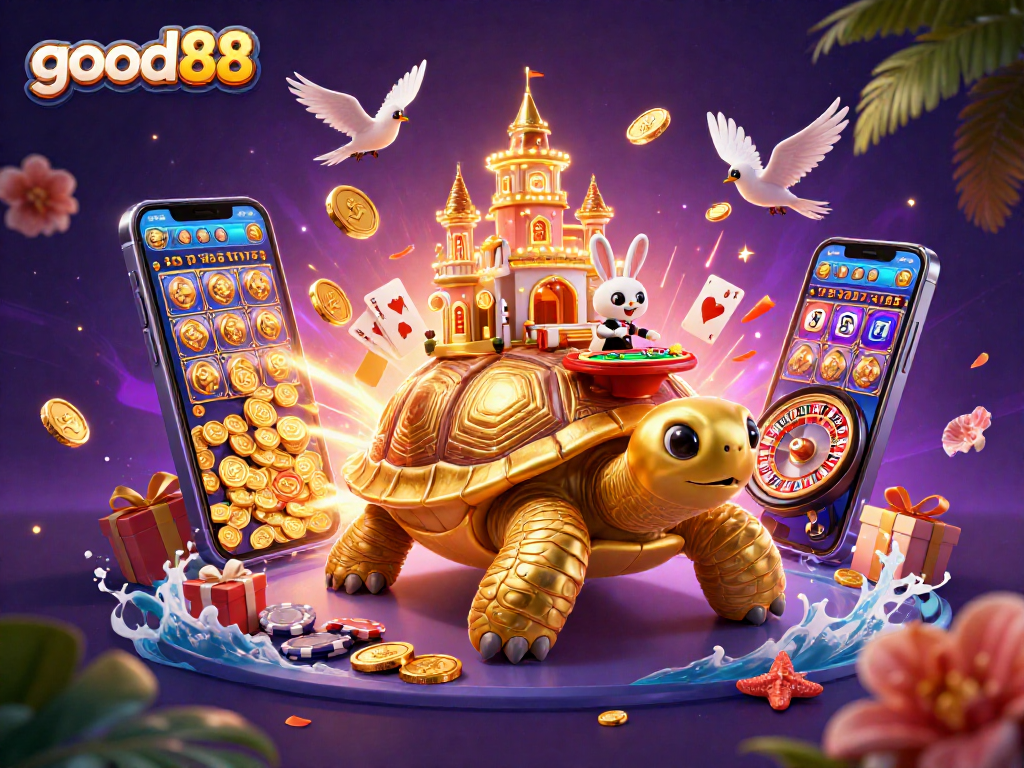 Experience rich gameplay at good88 with a vibrant 3D casino scene featuring a golden tortoise and a cartoon dealer.