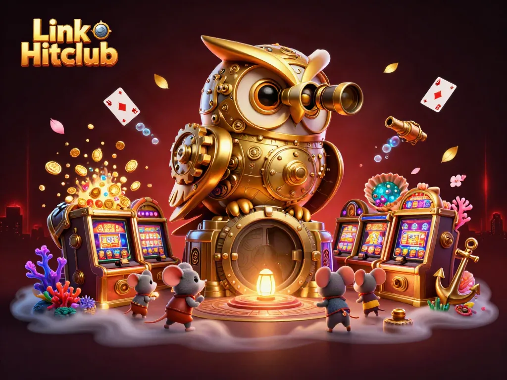 Engage with Link Hitclub in a vibrant 3D casino illustration featuring unique characters and thrilling elements.