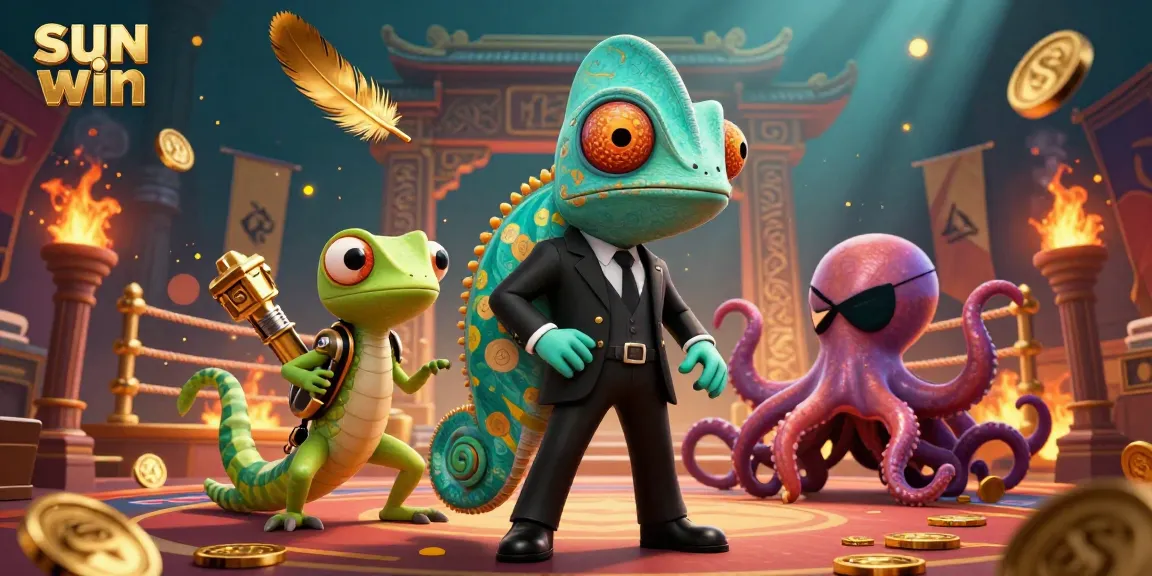 Engage with the vibrant sun win casino experience alongside a secret agent chameleon and quirky gecko in a thrilling scene.