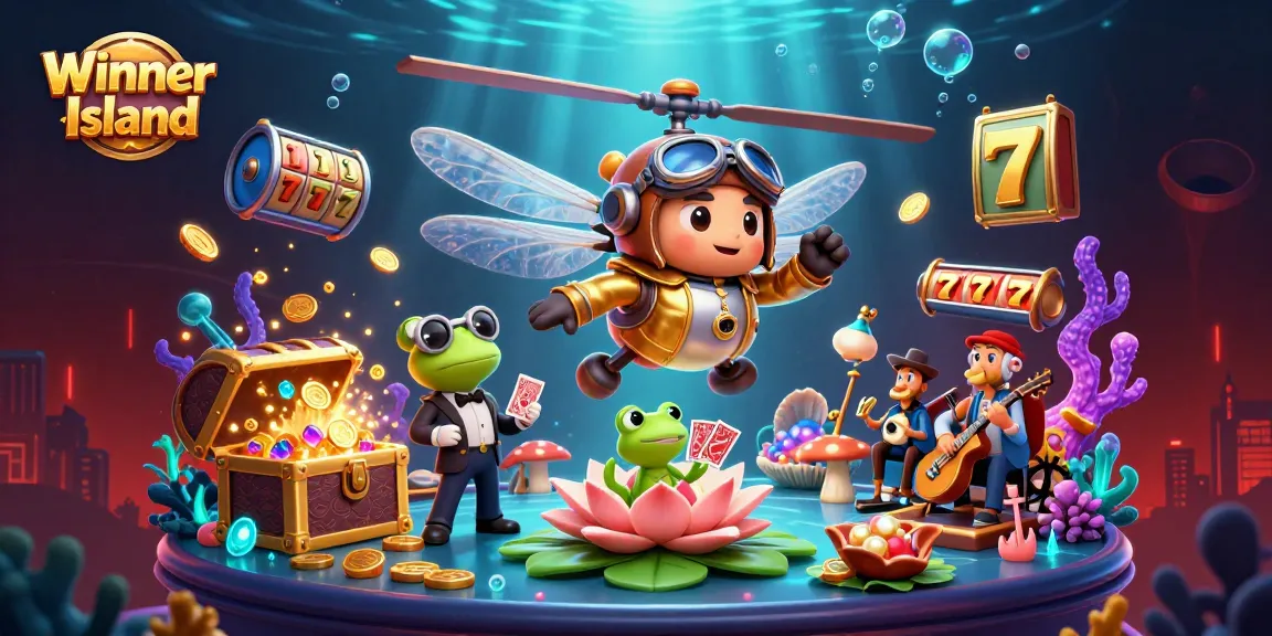 Winner Island highlights vibrant casino action with a dragonfly pilot, frog dealer, and slot elements.