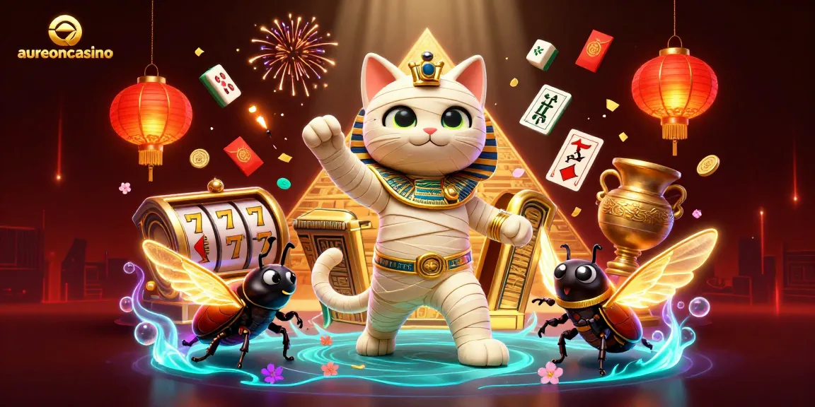 Play exciting games at aureoncasino with a 3D Egyptian-themed casino illustration featuring a mummy cat.