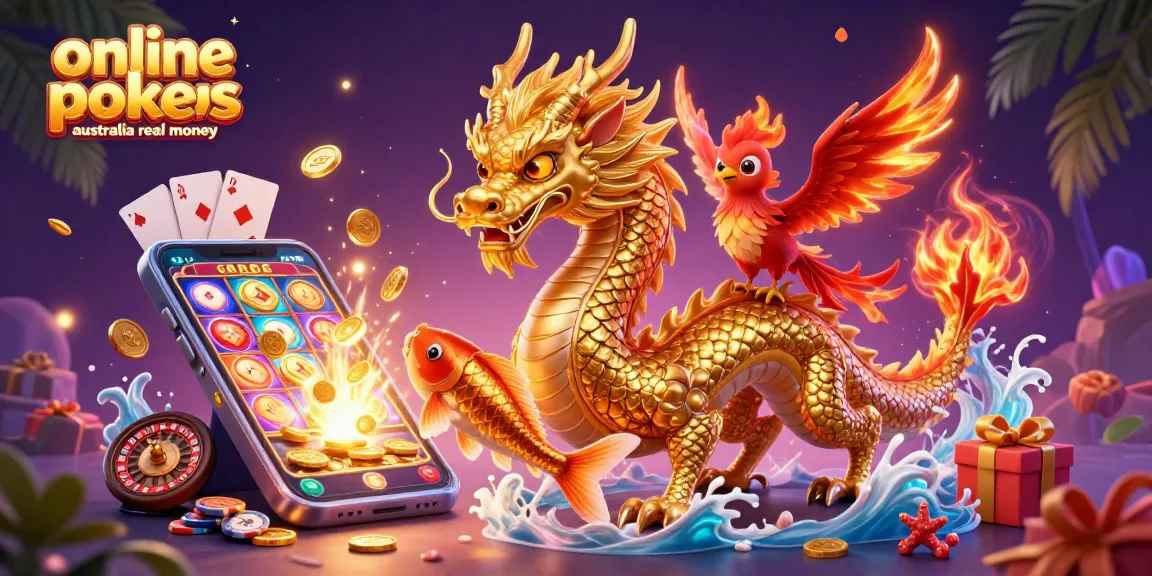 Experience online pokies Australia real money with a golden dragon, phoenix, and koi fish in a vibrant casino scene.